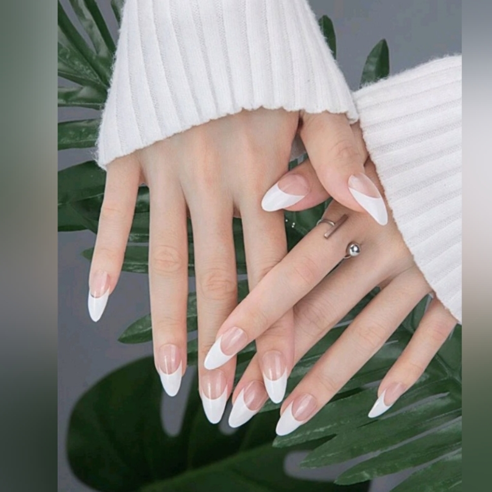 Long white tip almond fake nail set